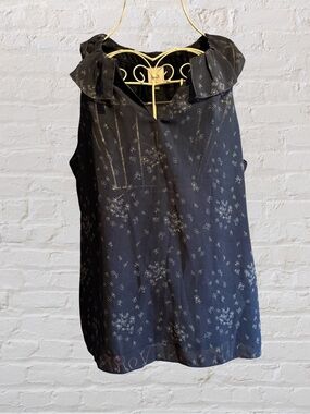 CAbi Navy Floral Ruffle Collar Sleeveless Blouse